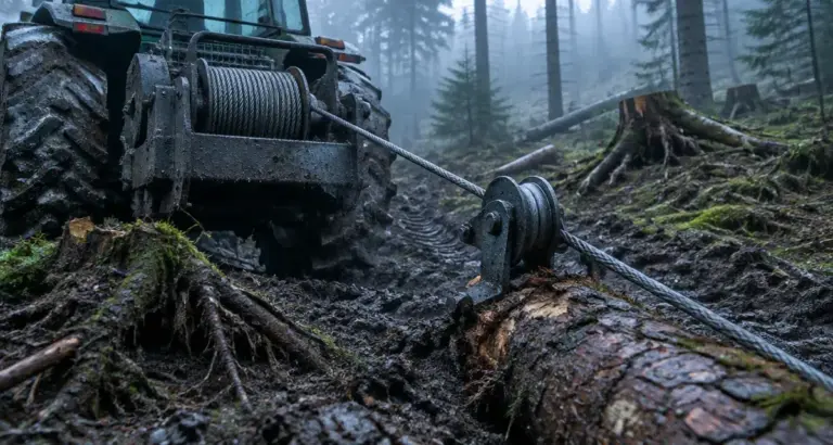 Treuil forestier sur tracteur : câble et poulie de renvoi, montage