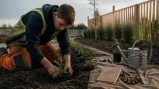 Bac pro paysagiste : élève en stage met en terre des plants