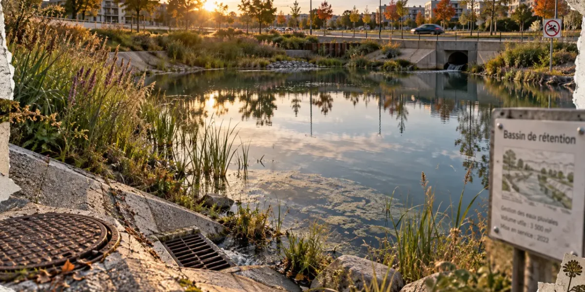 Bassin de retention d eau urbain, stockage temporaire et régulation des pluies