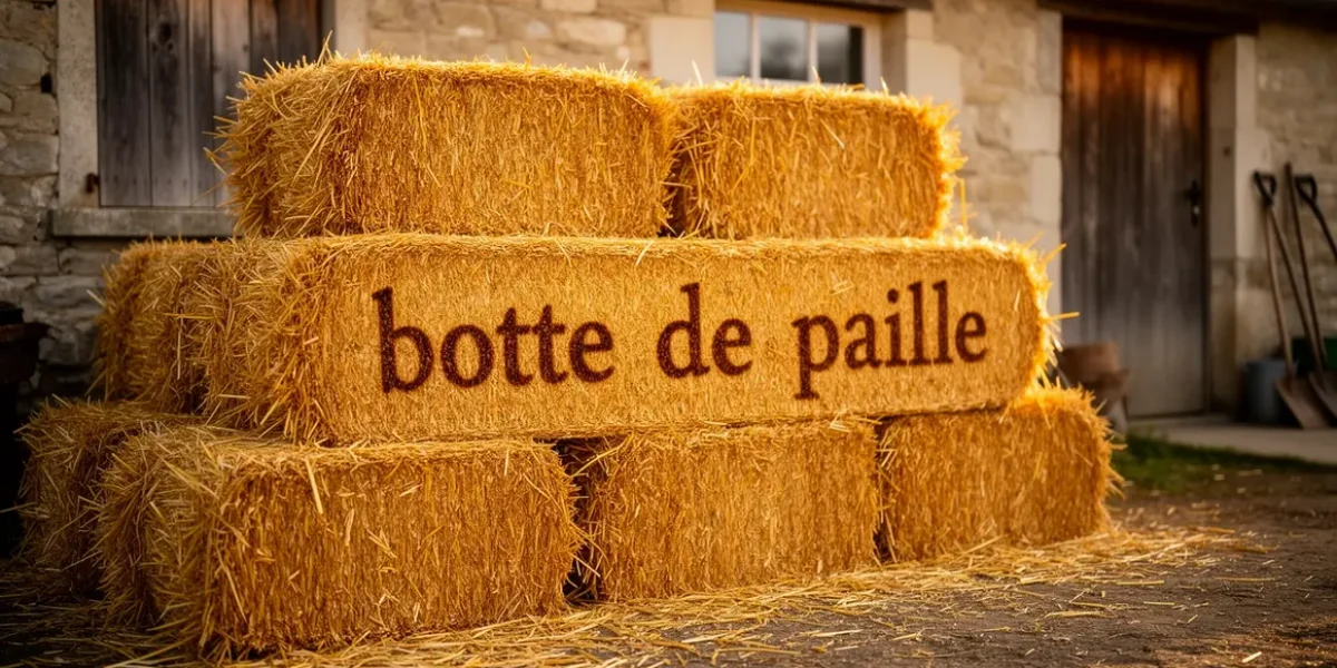 tas de bottes de paille devant une ferme ancienne