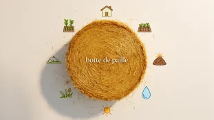 botte de paille vue du dessus et symboles durabilité