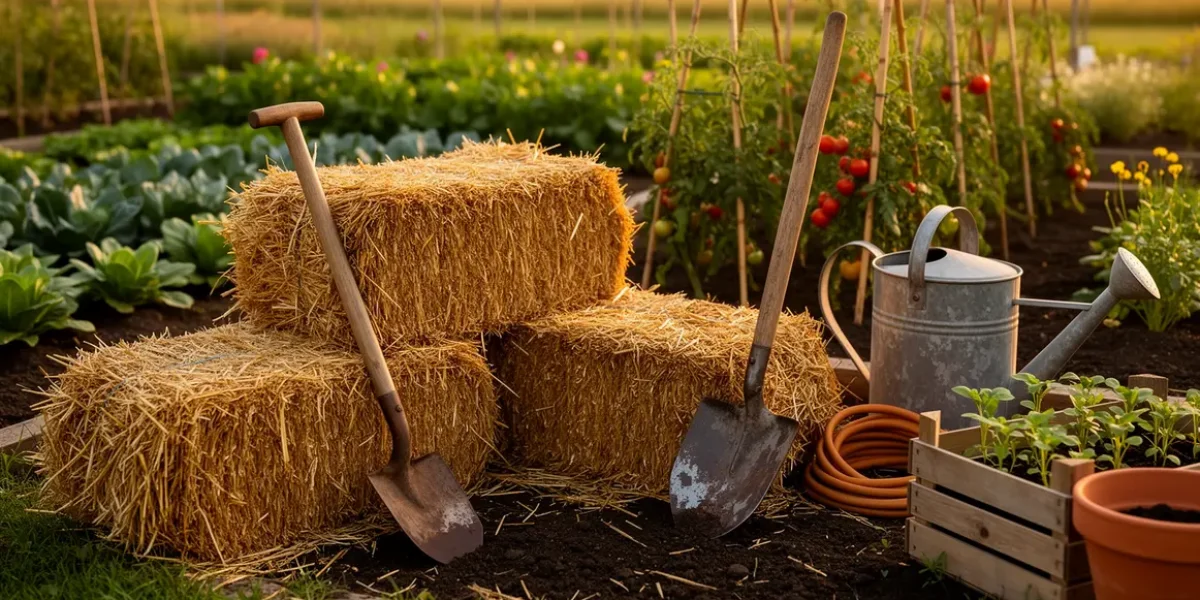 Bottes de paille potager outils rustiques
