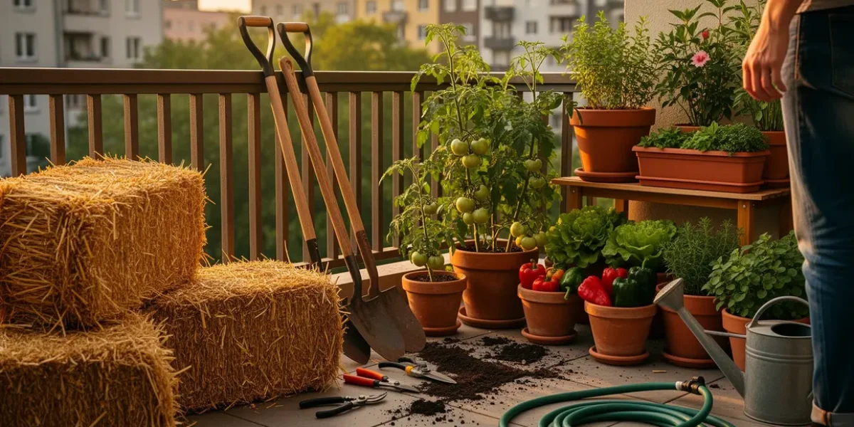 Bottes de paille sur balcon avec outils et legumes