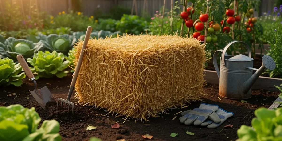 Botte de paille centre jardin entourée de légumes