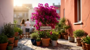 Bougainvillier vibrant au centre d'un balcon urbain, ambiance été
