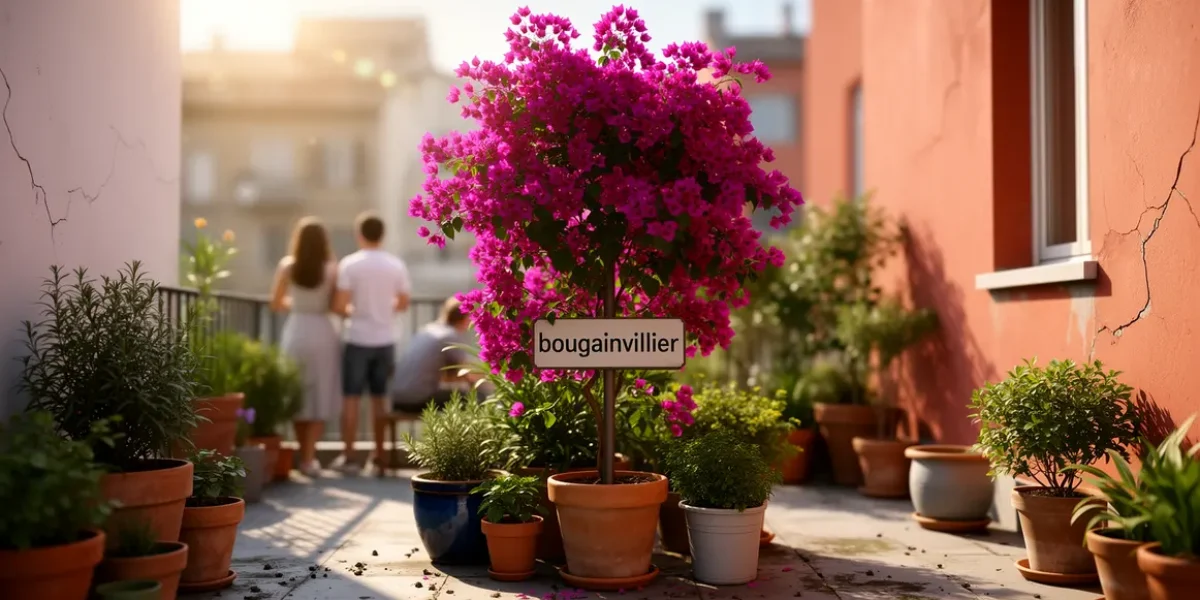 Bougainvillier vibrant au centre d'un balcon urbain, ambiance été