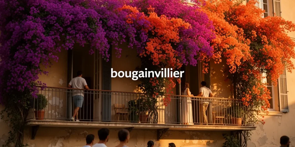 bougainvillier luxuriant sur balcon ou facade ensoleillee avec bractees violettes roses oranges