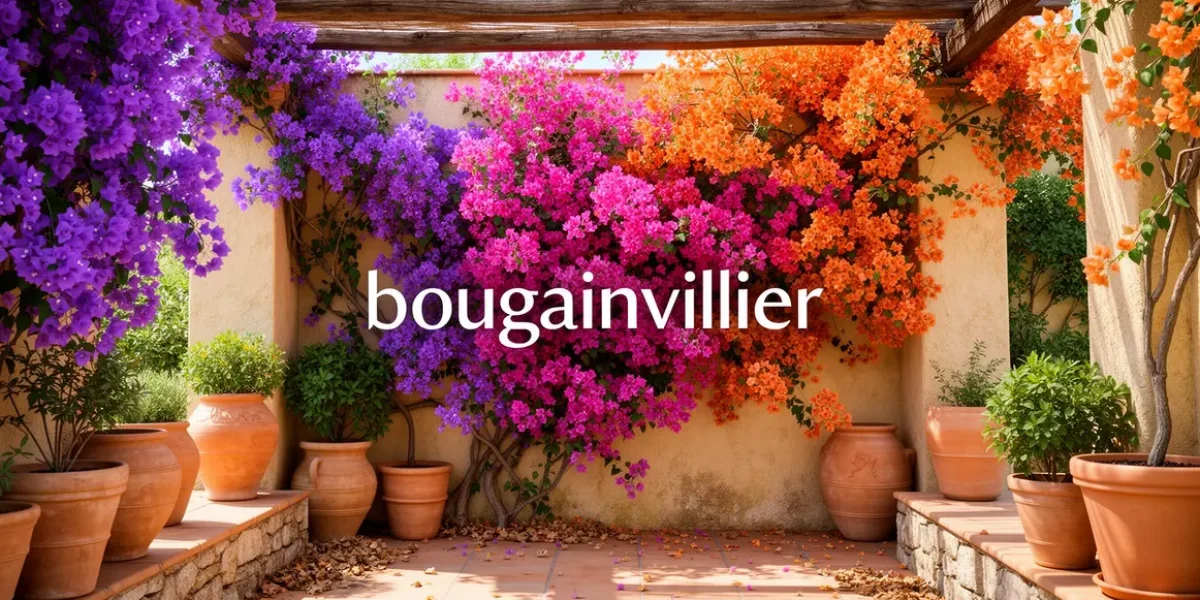 Bougainvillier en floraison dans jardin méditerranéen murs pergola pots