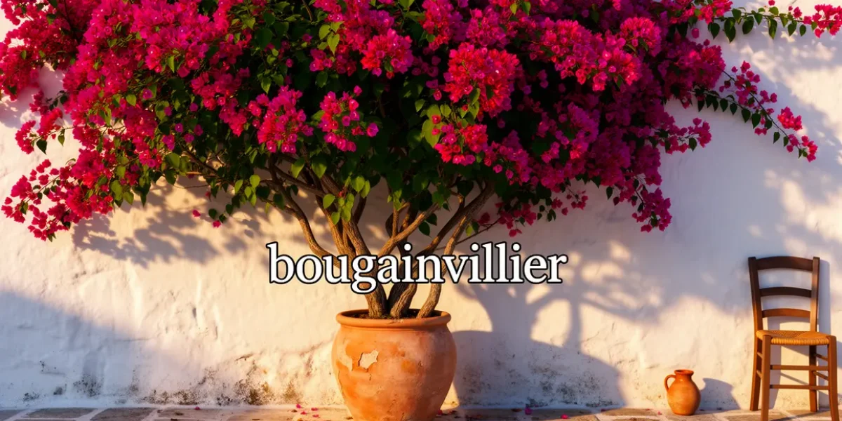 Bougainvillier adulte en pleine floraison pot terre cuite devant mur blanc