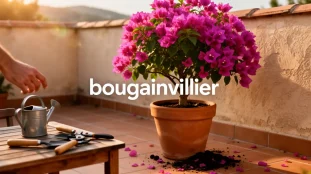 Bougainvillier en pot sur terrasse, lumière, outils, ambiance méditerranéenne