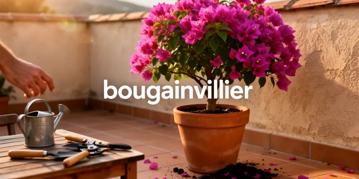 Bougainvillier en pot sur terrasse, lumière, outils, ambiance méditerranéenne