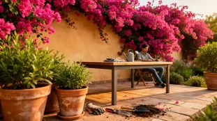 Bougainvillier fleuri sur terrasse et jardin ensoleillés