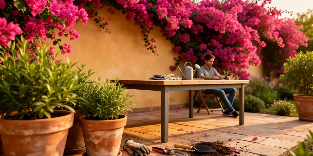 Bougainvillier fleuri sur terrasse et jardin ensoleillés