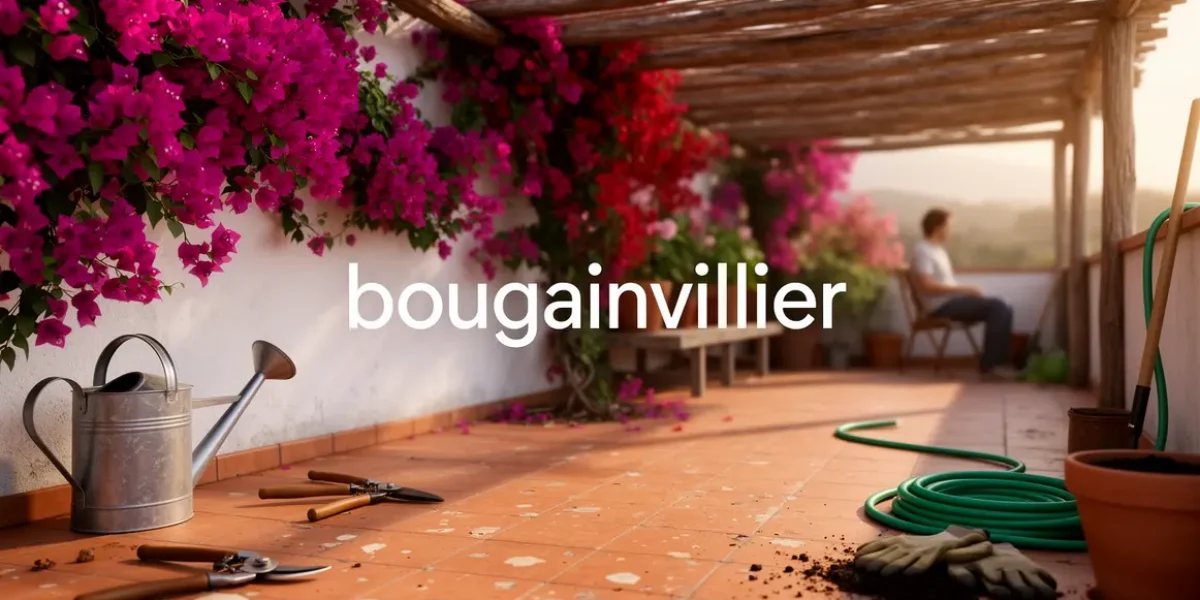 Bougainvillier luxuriant en terrasse ensoleillée avec outils