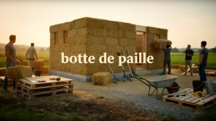 chantier construction maison bottes de paille palettes