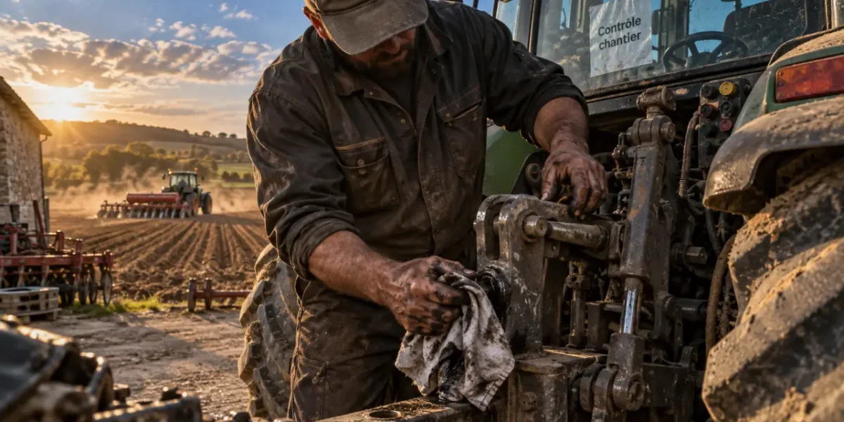 Chauffeur agricole vérifie l’attelage et l’entretien du tracteur