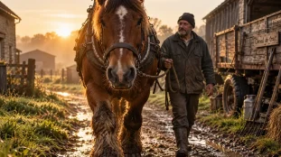 Chevaux de trait : cheval de trait brun avec harnais et meneur en ferme