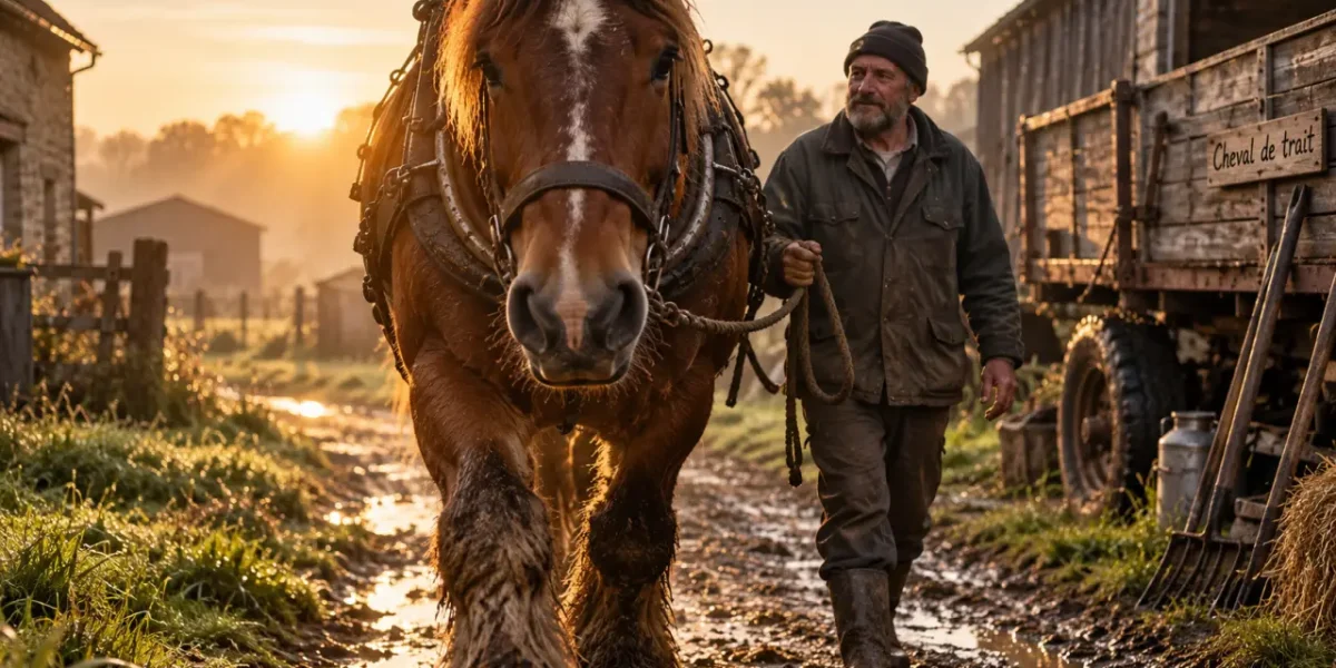 Chevaux de trait : cheval de trait brun avec harnais et meneur en ferme