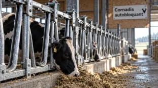 Cornadis bovin autobloquant devant une auge, vache au cornadis