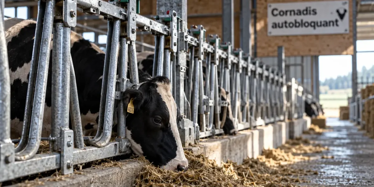 Cornadis bovin autobloquant devant une auge, vache au cornadis