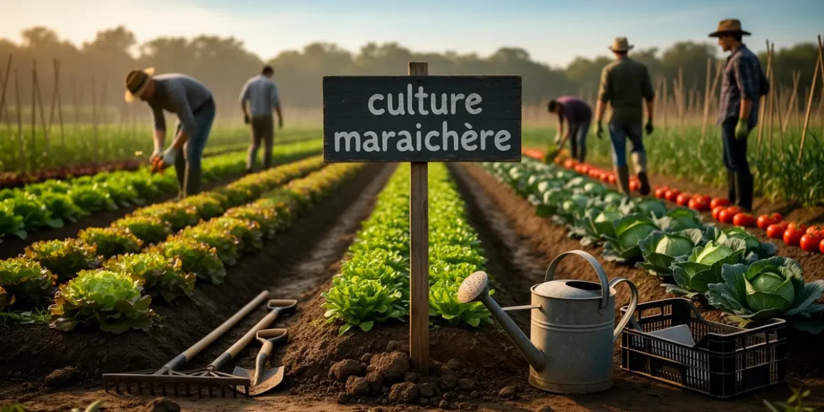 champ de culture maraichere avec outils et jardiniers