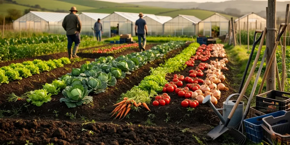 parcelle maraichere diversifiee silhouettes legumes serres outils