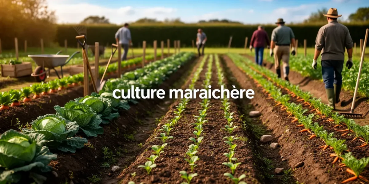 Culture maraichere sur parcelle avec legumes et outils