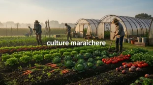 Scène de culture maraichere avec outils manuels et légumes