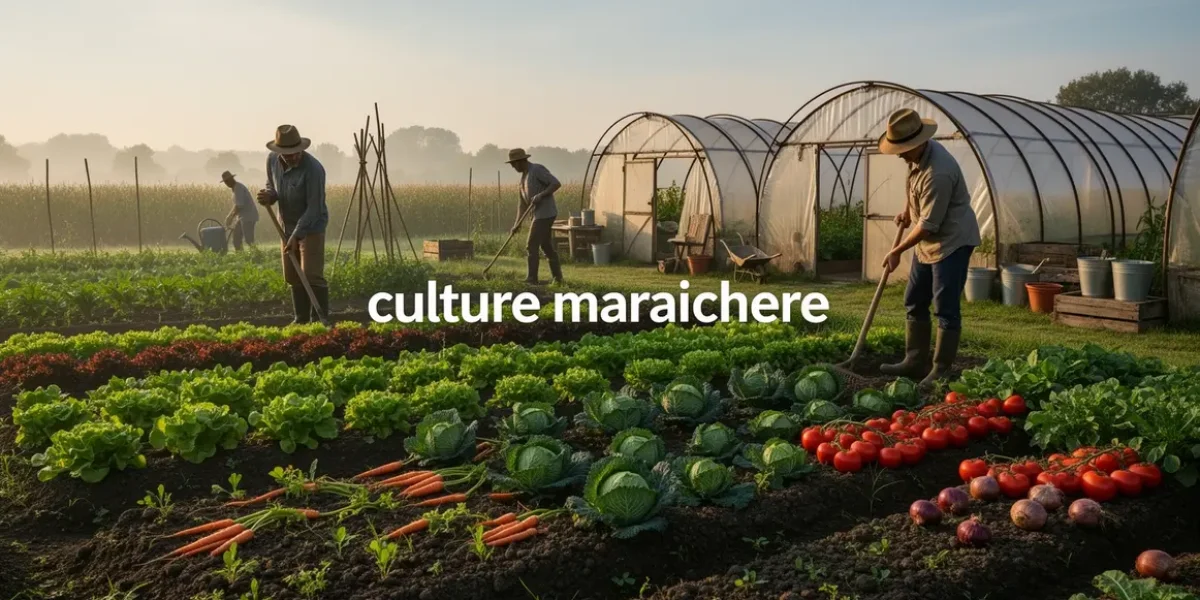 Scène de culture maraichere avec outils manuels et légumes