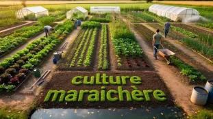 Vue jardin cultures maraîchères diversifiées avec outils et serres