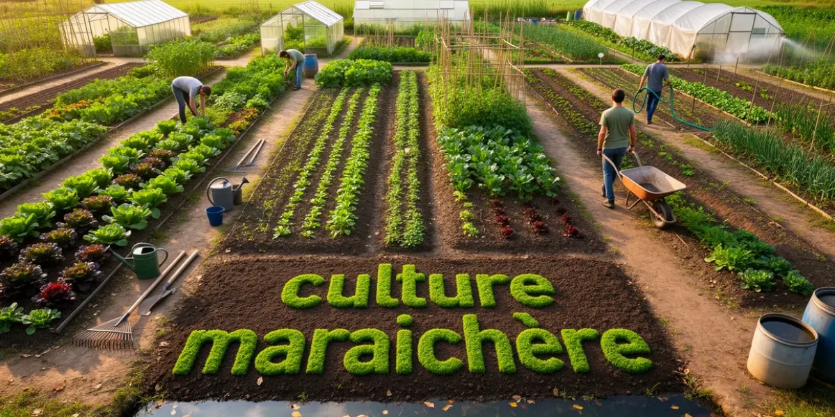 Vue jardin cultures maraîchères diversifiées avec outils et serres