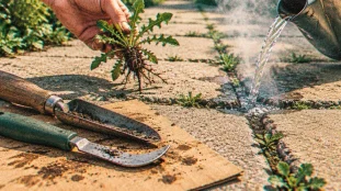 Désherber au naturel : petite herbe arrachée et eau bouillante entre dalles