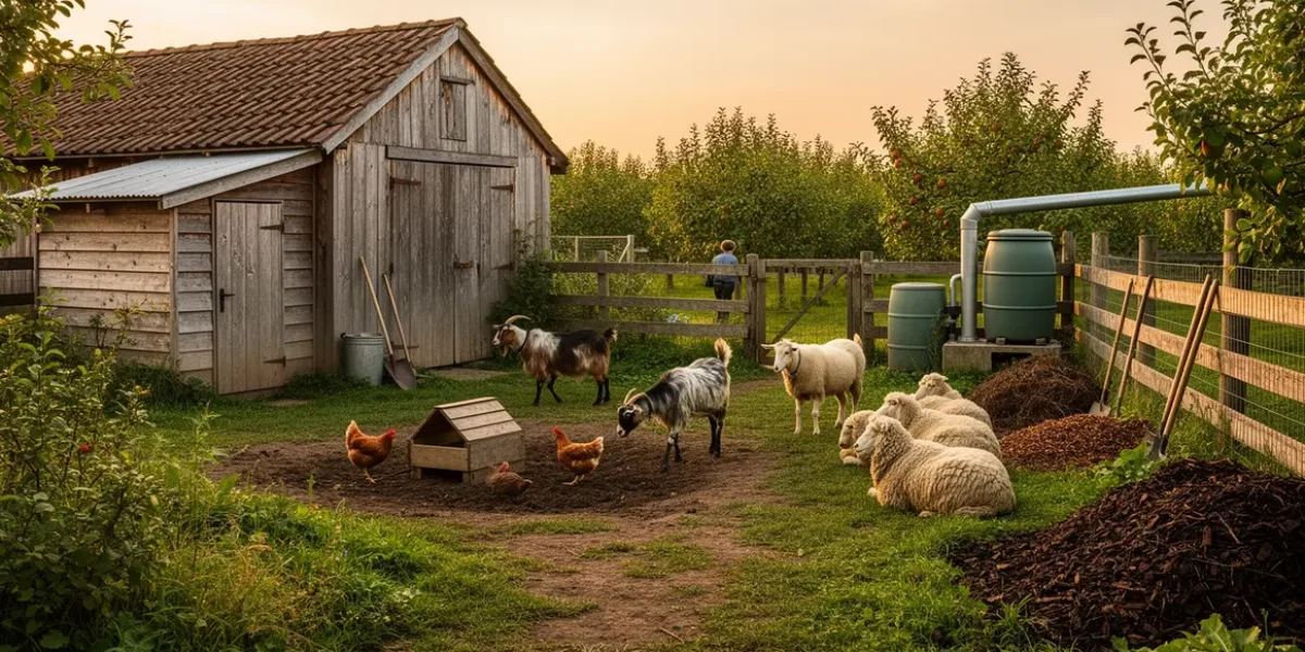 Exploitation élevage durable avec animaux rustiques et bâtiments simples
