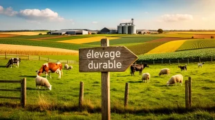 Ferme agricole elevage durable animaux broutant prairies clotures cultures