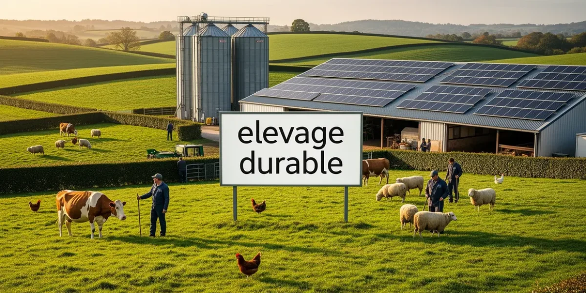 Ferme moderne elevage durable avec animaux, grands espaces, panneaux solaires