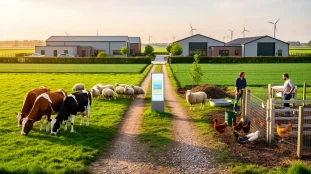 Panorama ferme moderne élevage durable champs animaux