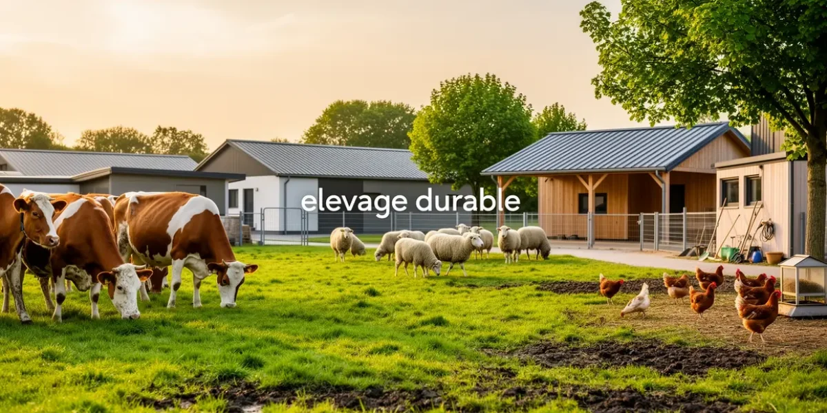 Vue ferme elevage durable moderne vaches moutons poules arbres abri