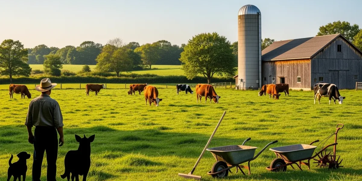 Elevage durable : bovins dans prairies, arbres et outils agricoles