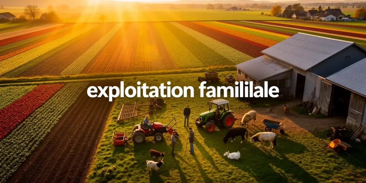 vue aérienne exploitation familiale agricole avec champs et générations