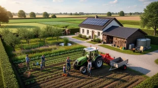 Vue exploitation familiale en 2026 ferme moderne famille agriculture