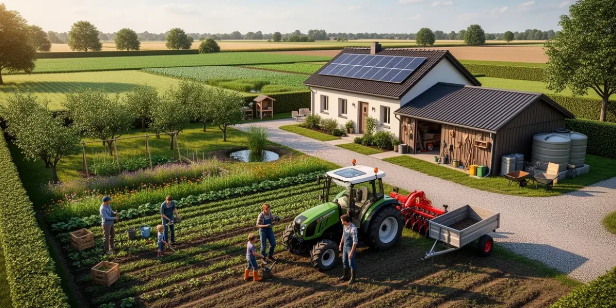 Vue exploitation familiale en 2026 ferme moderne famille agriculture