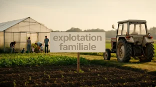 Scène exploitation familiale champ tracteur serre