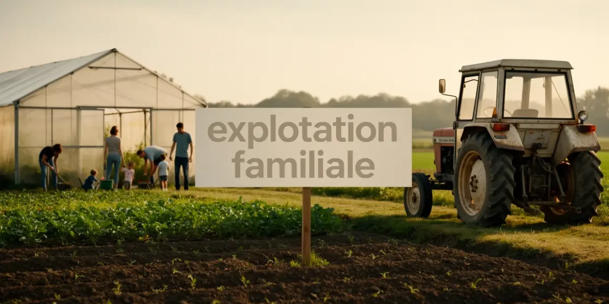 Scène exploitation familiale champ tracteur serre