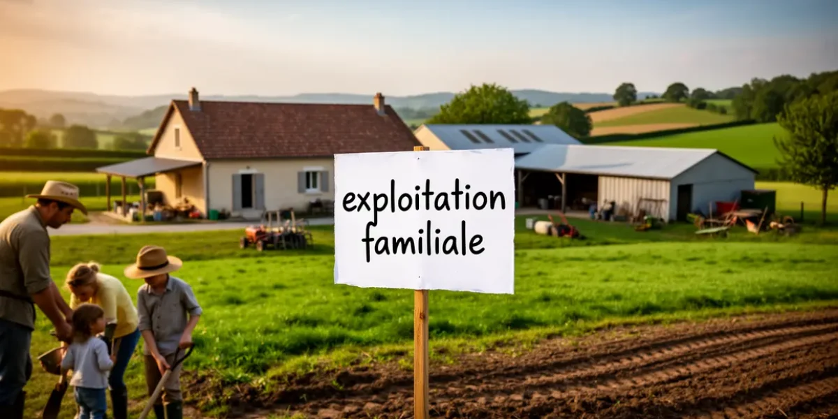 Scène exploitation familiale, ferme champs et famille