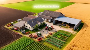 Vue aérienne exploitation familiale bâtiment champs outils personnes