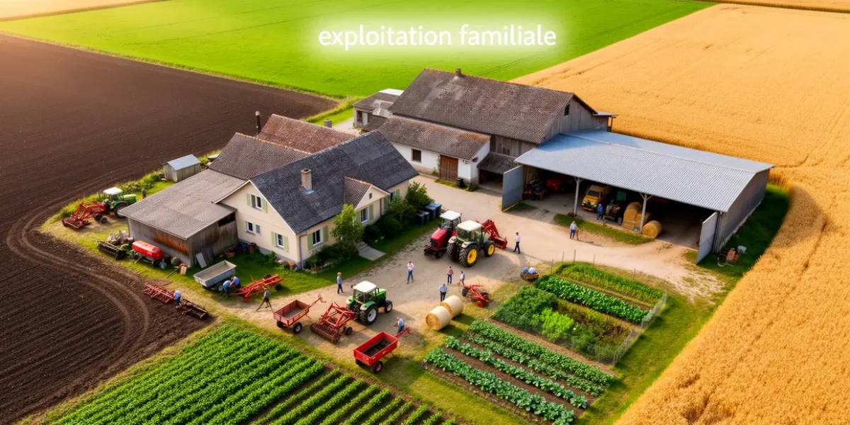 Vue aérienne exploitation familiale bâtiment champs outils personnes