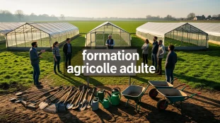 Formation agricole adulte en groupe sur terrain rural