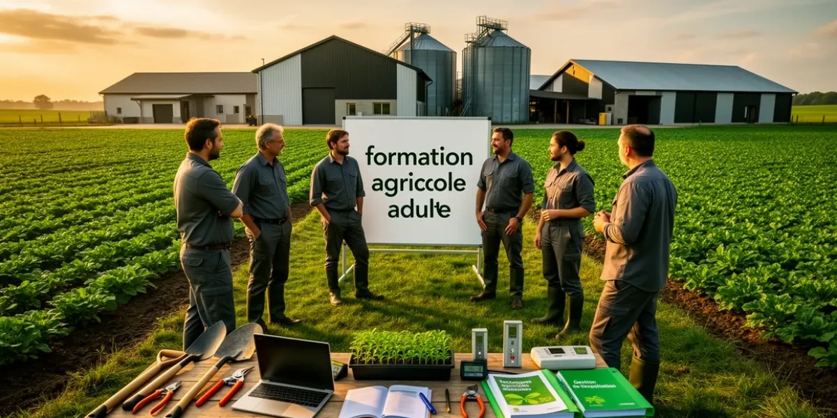 formation agricole adulte paysage rural silhouettes et outils