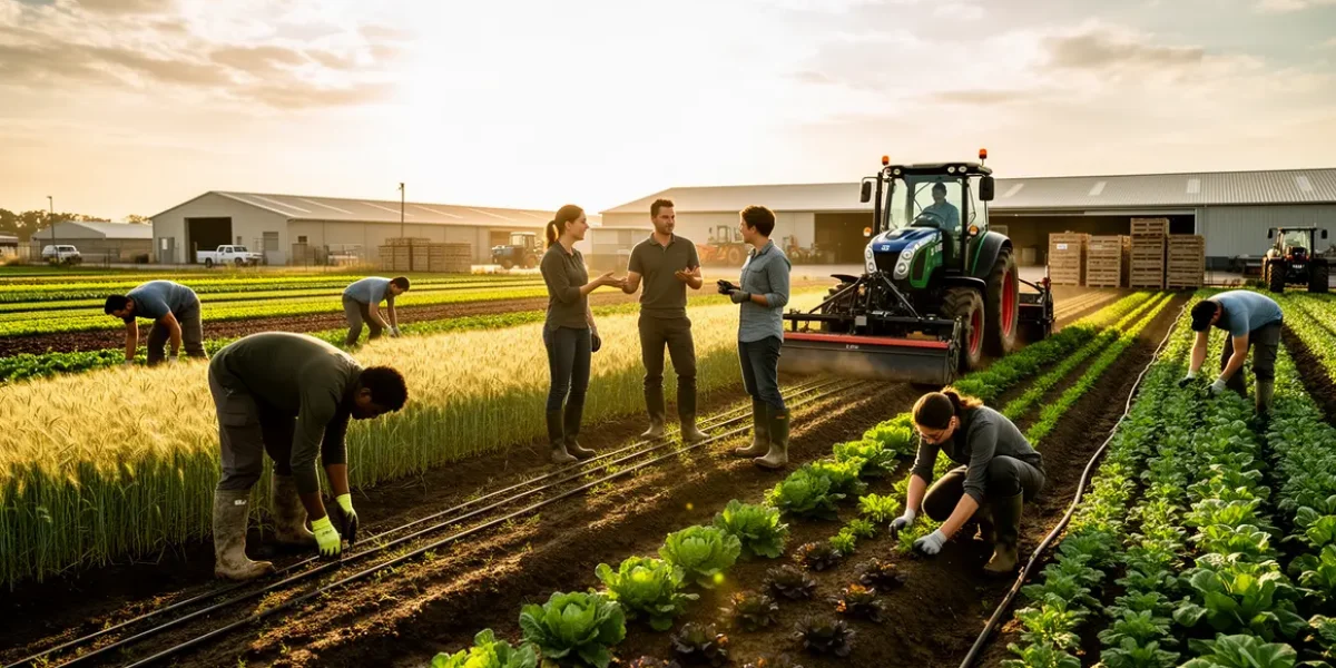 Adultes en formation agricole sur une exploitation moderne