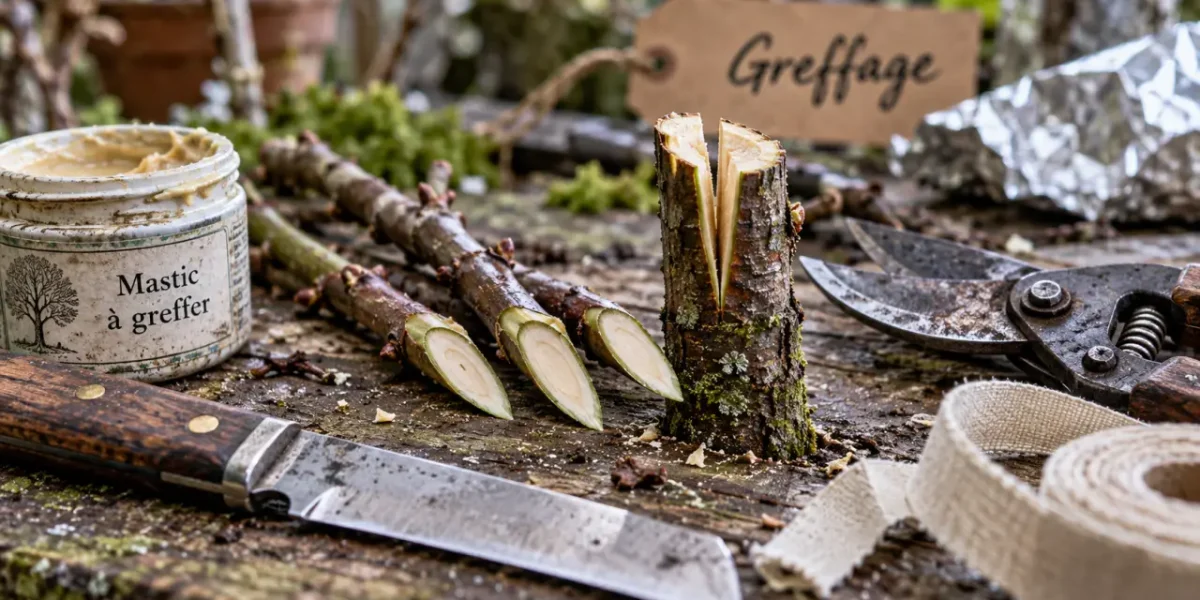 Greffage des arbres fruitiers : greffons en fente et couteau de greffage